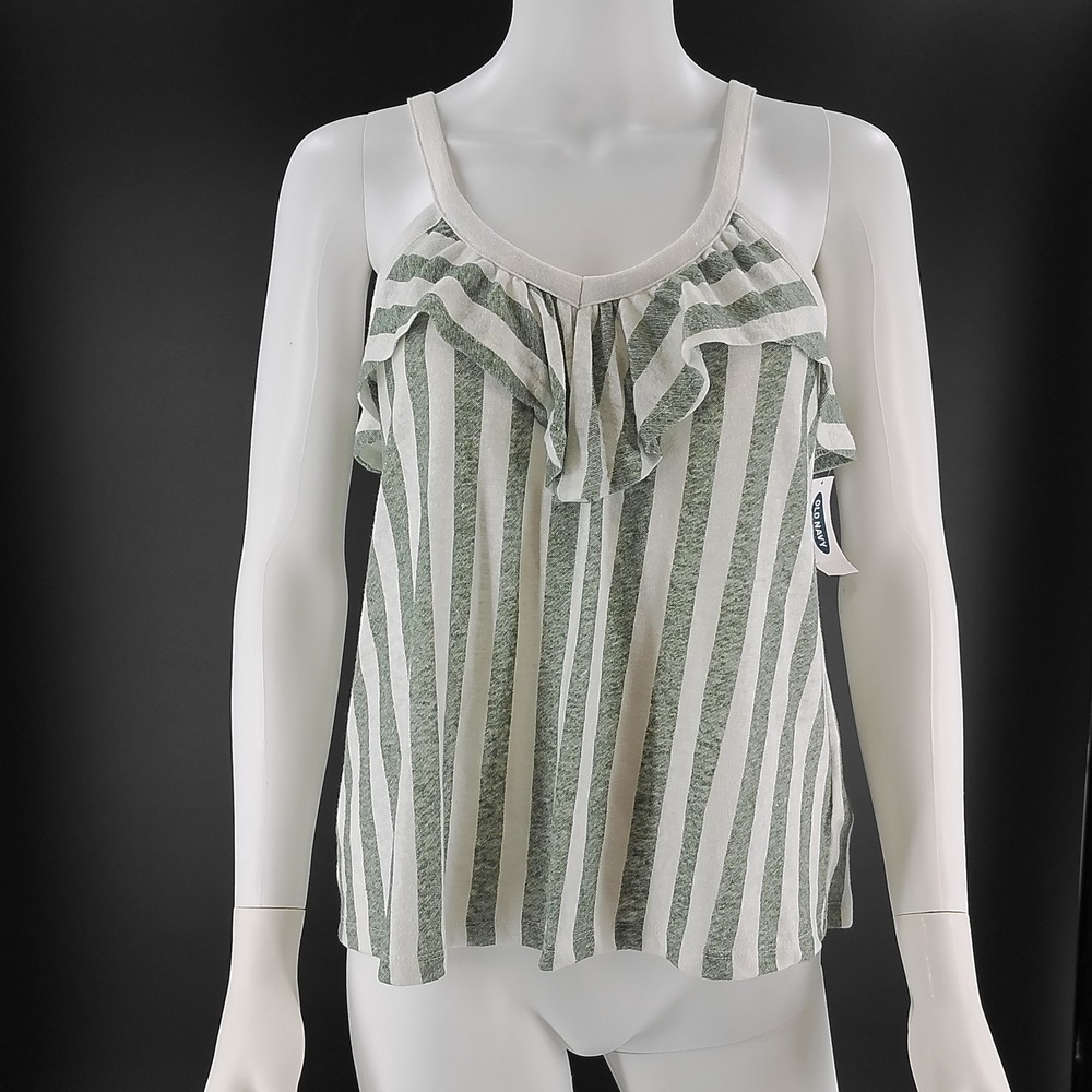 Old Navy Womens Ruffle V-Neck Striped Tank Top Sage Green White XS NWT